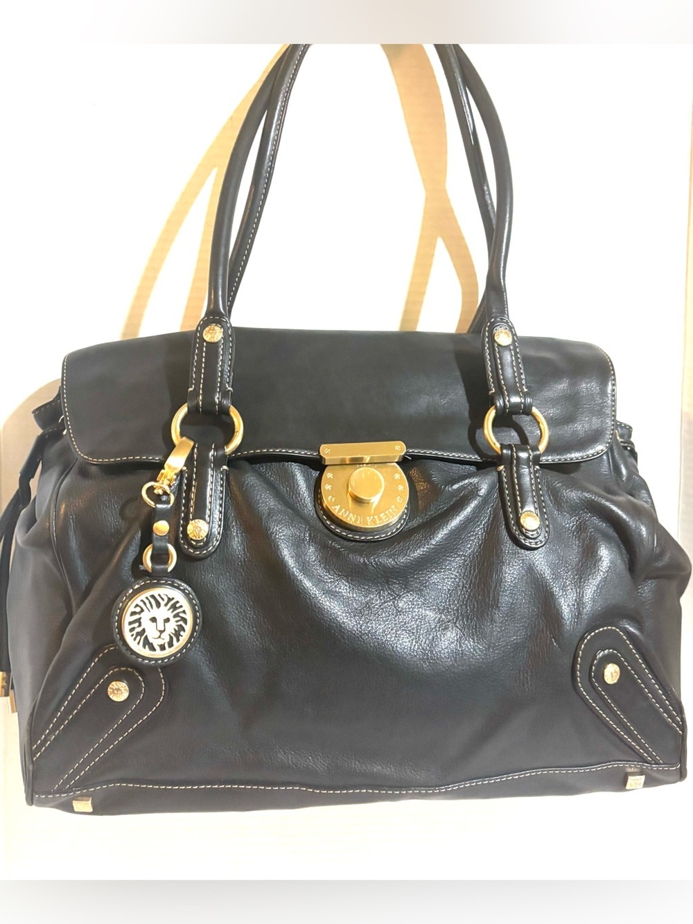 Anne Klein Black Leather Shoulder Bag with Gold Accents